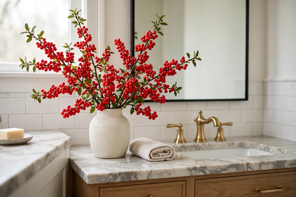 Vase with red berry branches on a bathroom vanity beside a mirror.