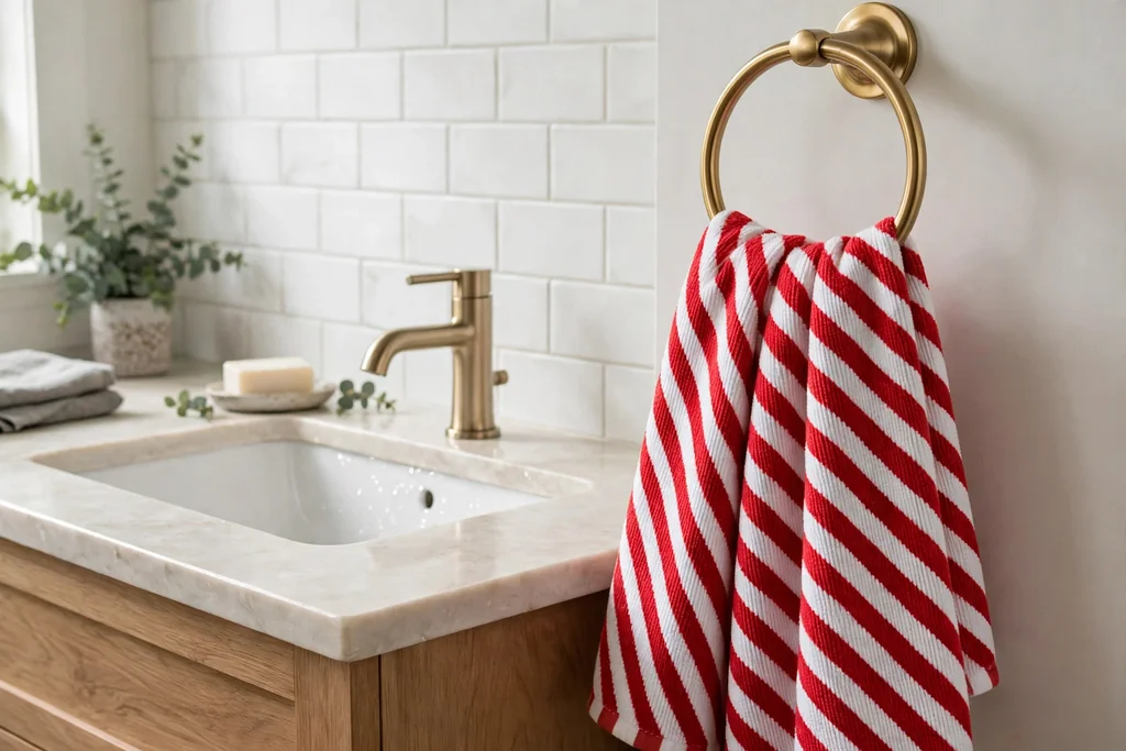 Red and white candy cane striped hand towels hanging on a bathroom towel ring.