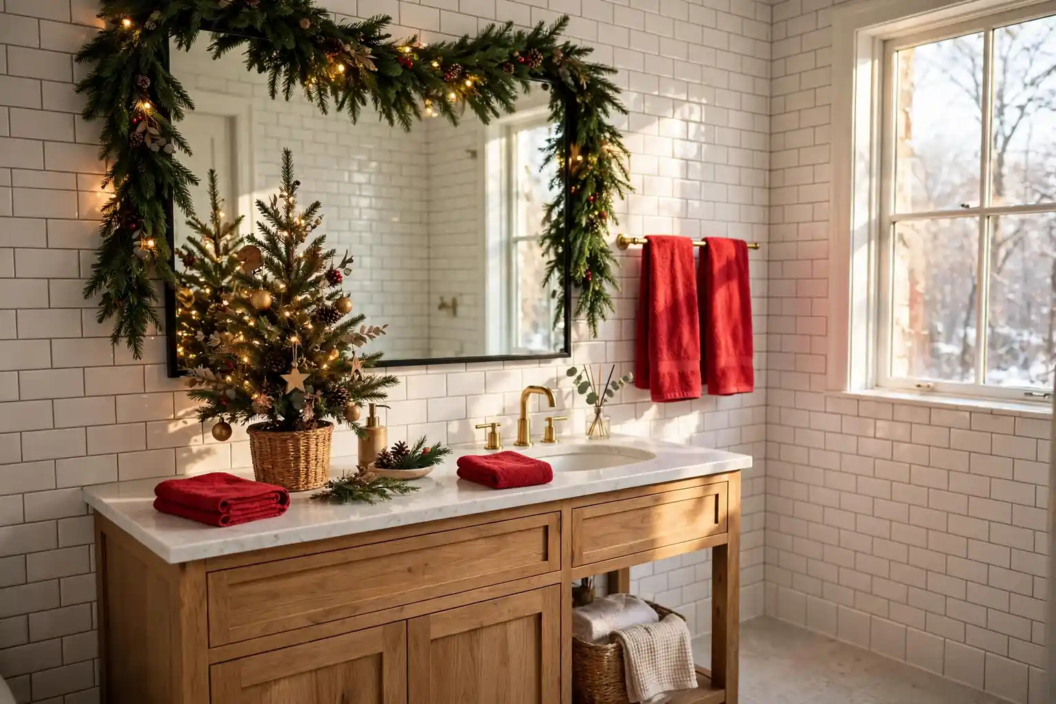 Wide Christmas bathroom with a mini tree on the vanity, a garland around the mirror, and red towels.