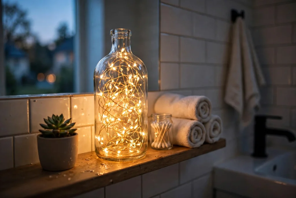 Glass bottle filled with warm fairy lights on a bathroom shelf.