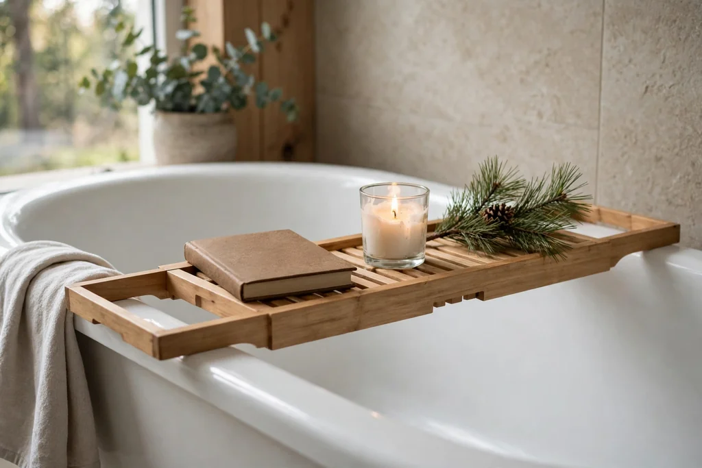 Wooden bath caddy with a book, a candle, and greenery resting across a bathtub.