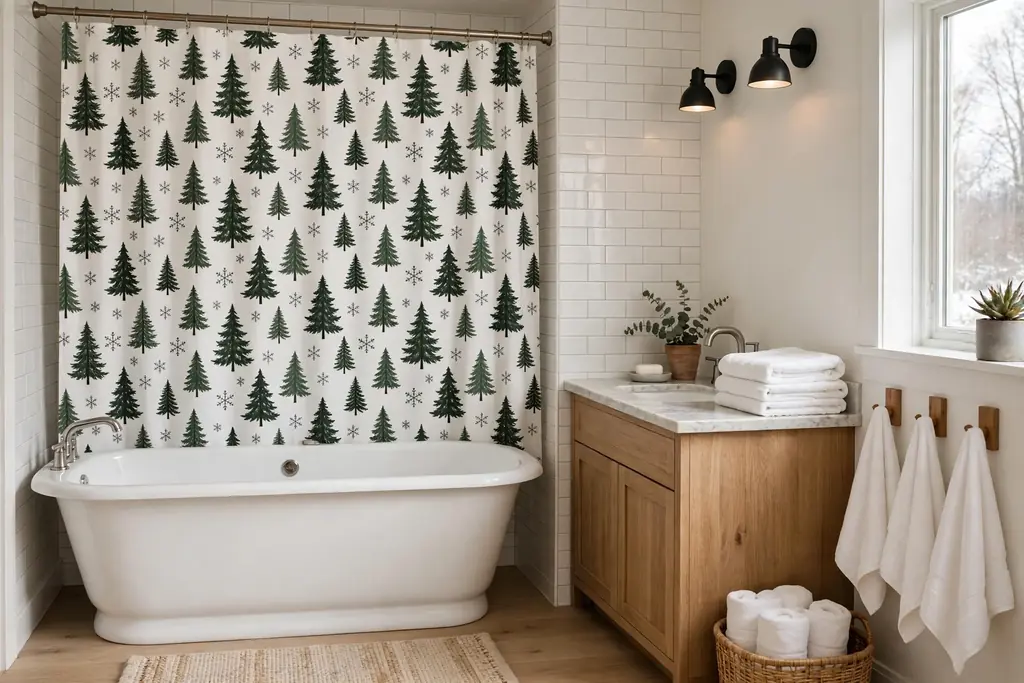Bathroom with a shower curtain printed with Christmas trees and snowflakes.