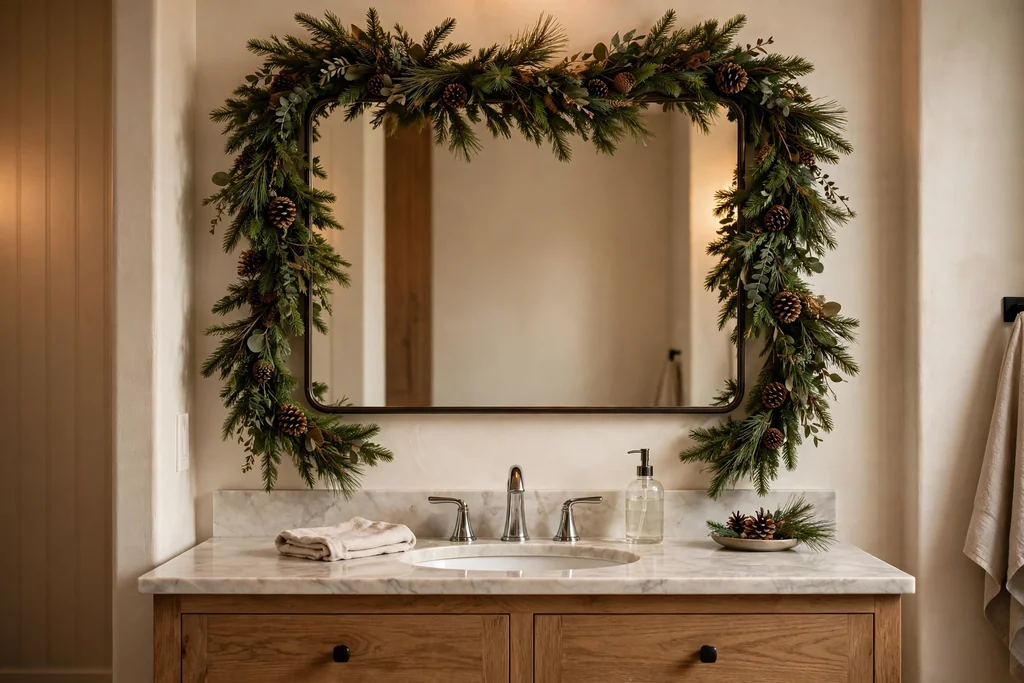 Evergreen garland with pinecones framing a bathroom mirror above a vanity.