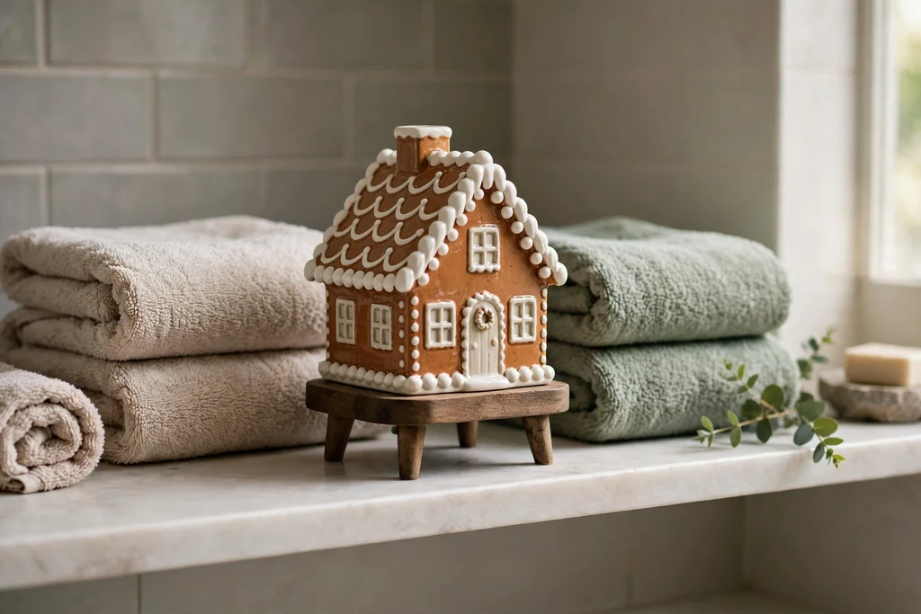 Ceramic gingerbread house display on a small stand on a bathroom shelf.