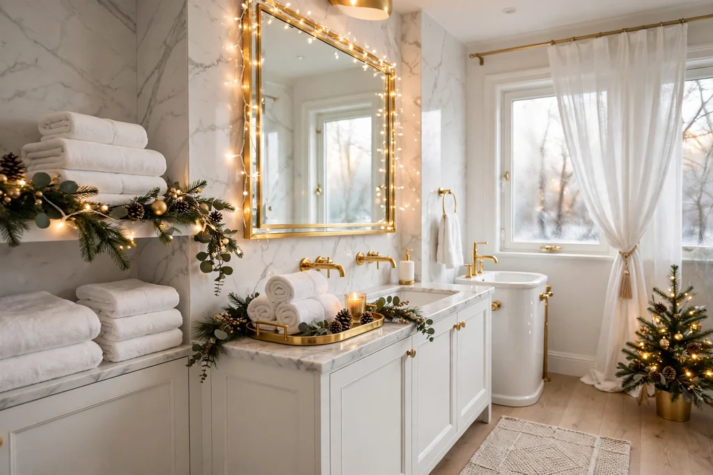 Elegant bathroom with white towels, gold accents, and warm white lights for Christmas.
