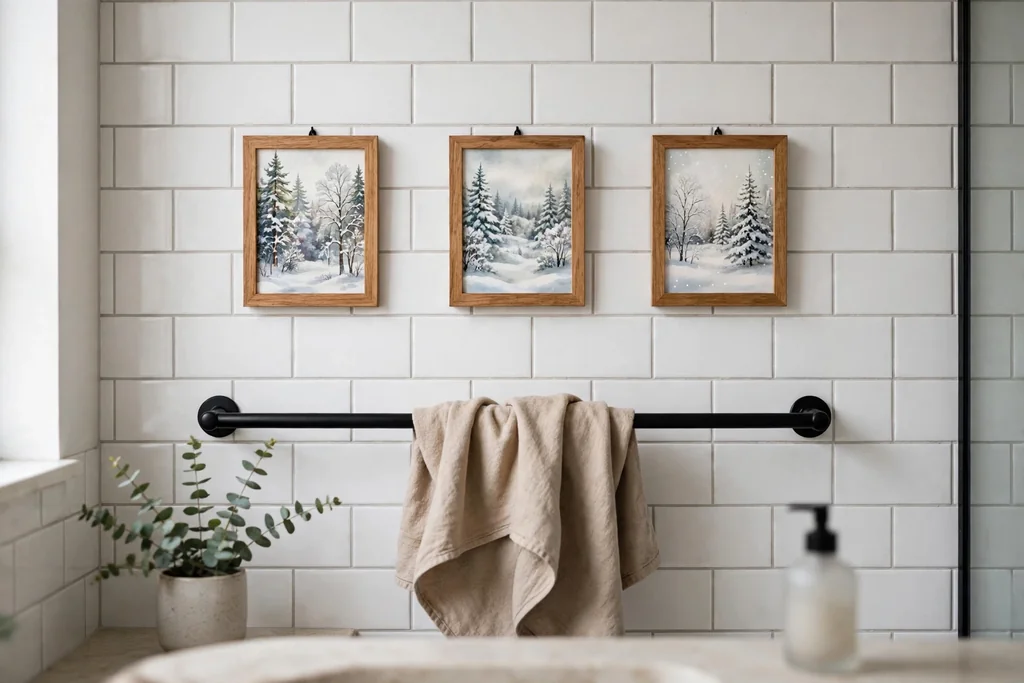 Small framed holiday art prints hanging on a bathroom wall above a towel rail.