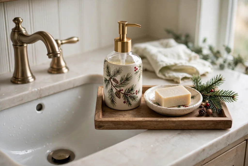 Holiday soap dispenser and small dish arranged on a tray beside a bathroom sink.
