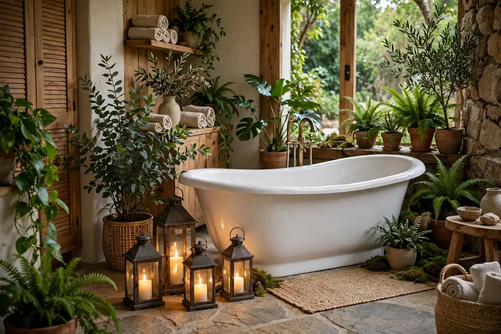 Lanterns with flameless candles beside a freestanding bathtub in a bathroom.