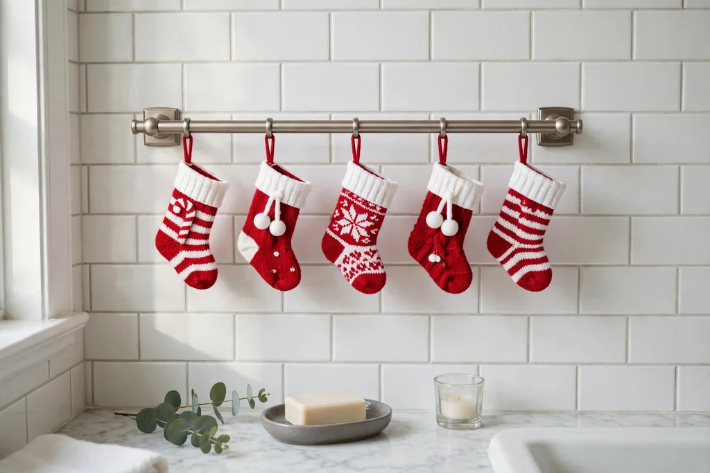 Mini Christmas stockings hanging from a bathroom towel bar.