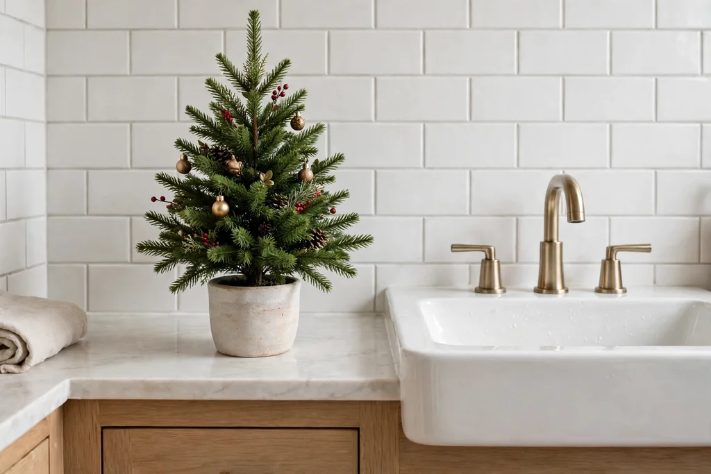 Small decorated evergreen tree in a pot on a bathroom vanity beside a sink.