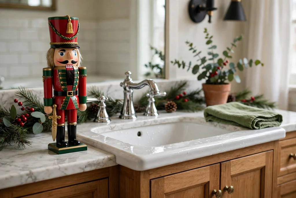 Nutcracker figure standing beside a bathroom sink on a vanity.