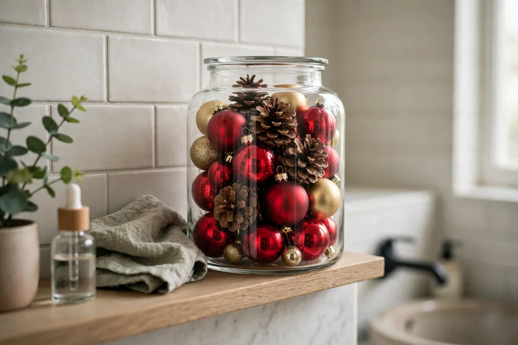 Clear glass jar filled with Christmas ornaments and pinecones on a bathroom shelf.