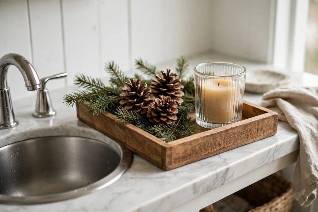 Tray with pinecones, evergreen sprigs, and a candle holder on a bathroom vanity.