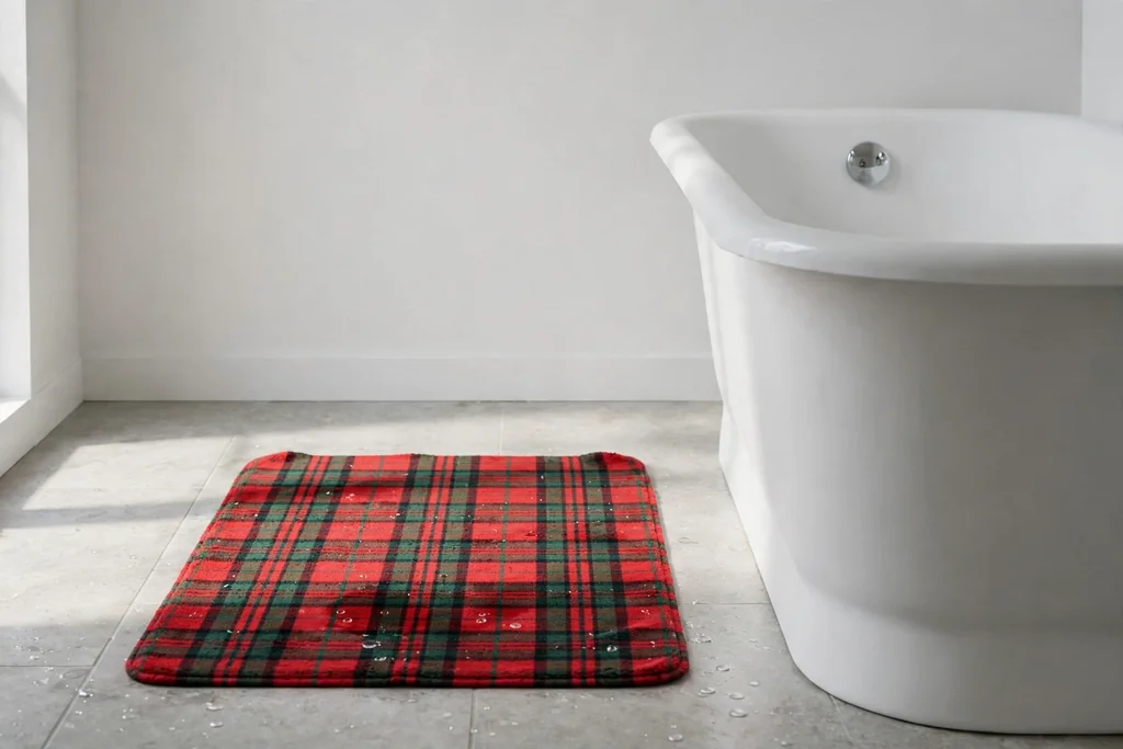 Red and green plaid bath mat on a bathroom floor beside a bathtub.