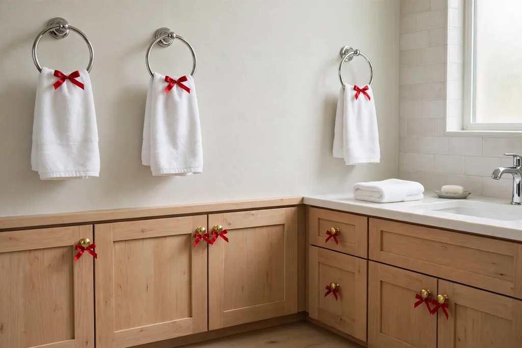 Small red ribbon bows tied to bathroom towel rings and cabinet knobs.
