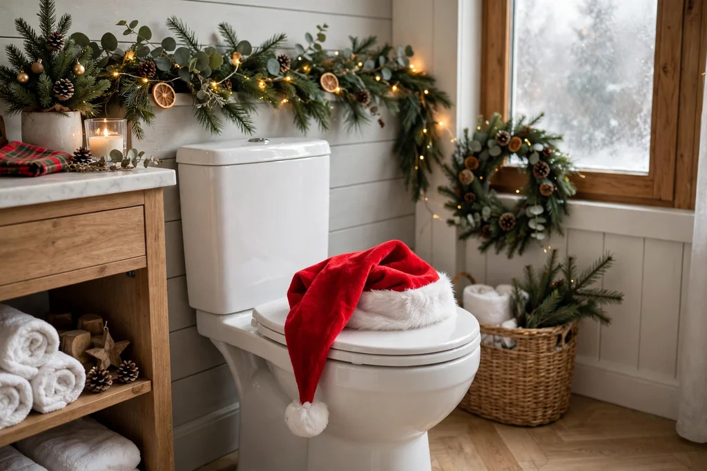 Santa hat cover draped over a closed toilet lid in a Christmas bathroom.