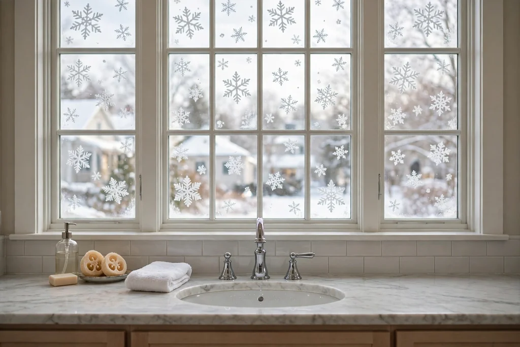 Bathroom window decorated with white snowflake window clings.