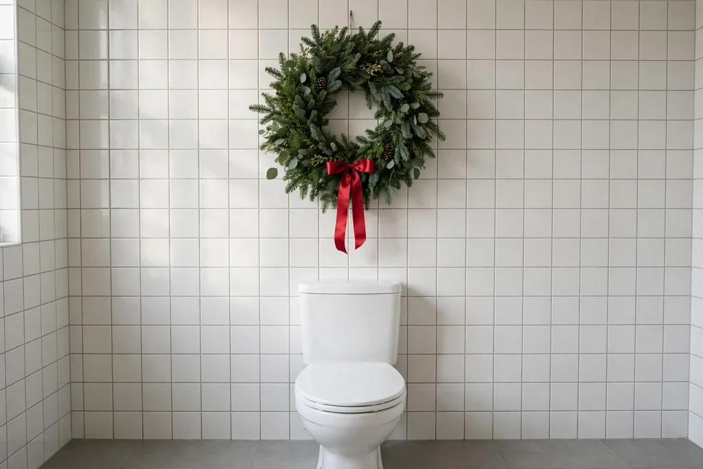 Evergreen wreath with a red ribbon hanging on a wall above a toilet.