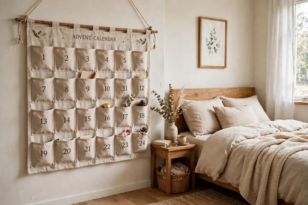 Fabric advent calendar with pockets hung on a bedroom wall.