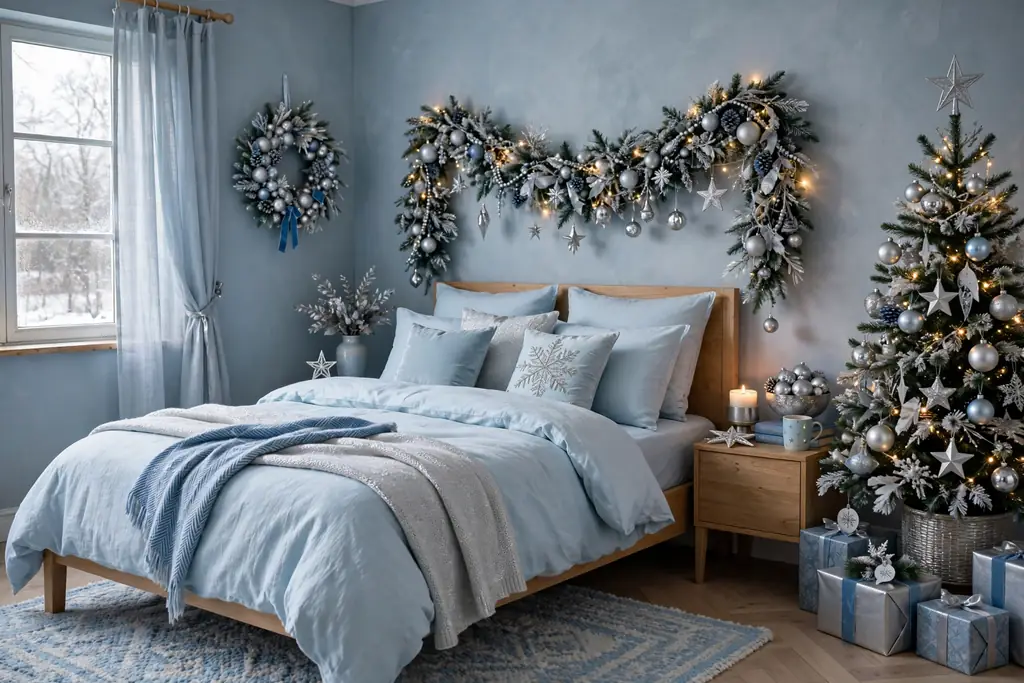 Blue and silver Christmas bedroom with pale blue bedding and silver ornaments.