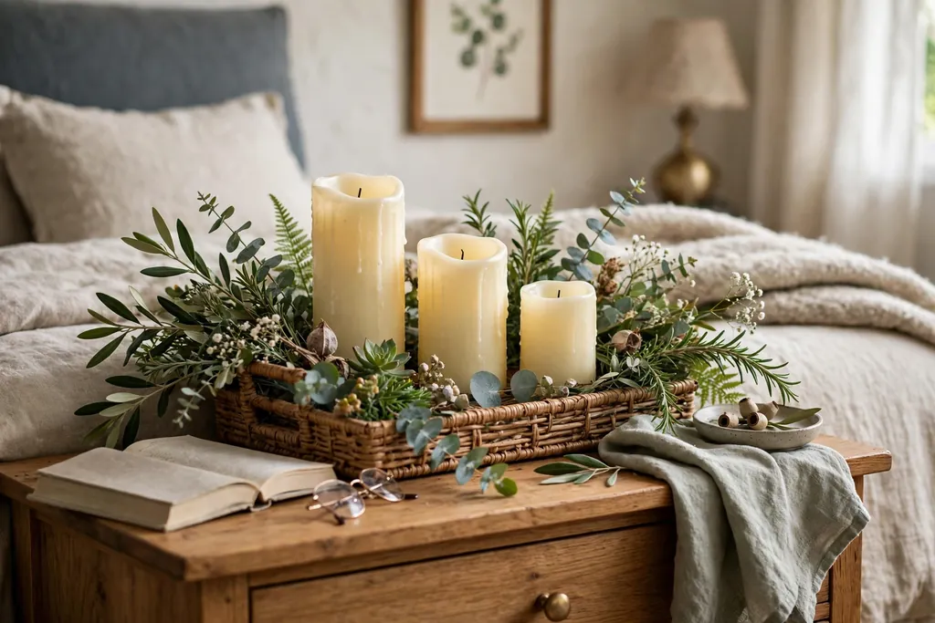 Tray with flameless candles and greenery on a bedroom nightstand.