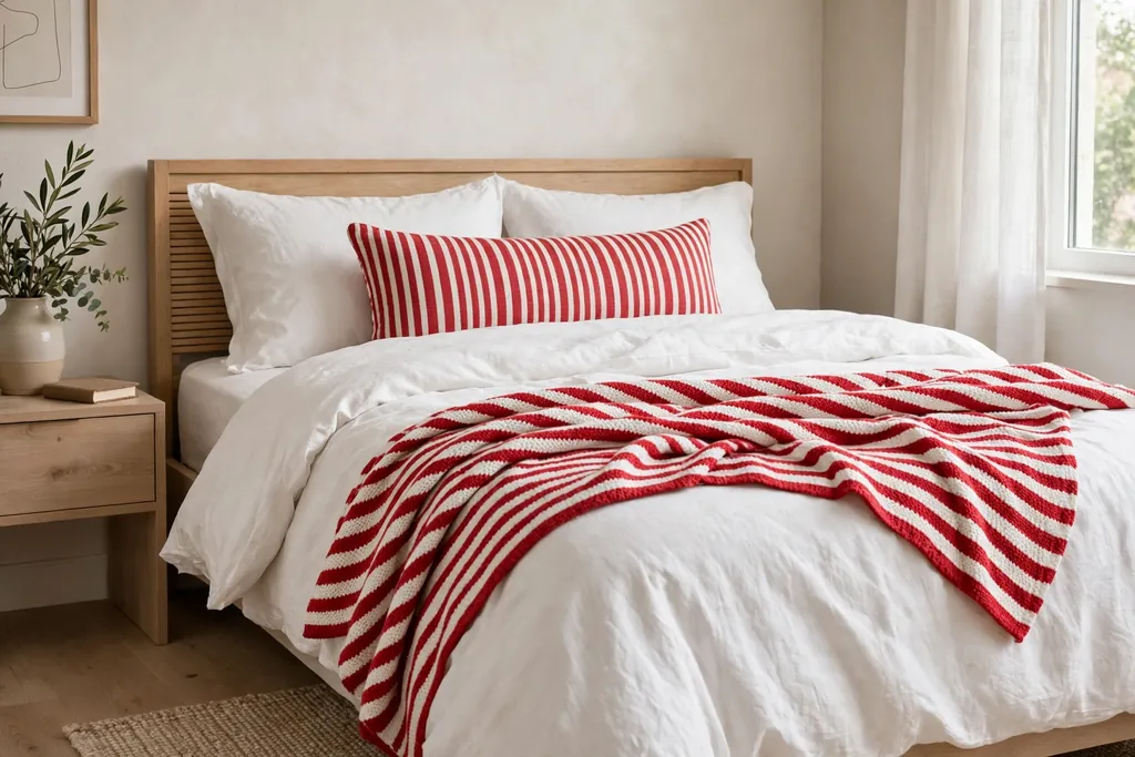 Bed with a red and white striped cushion and a striped throw.