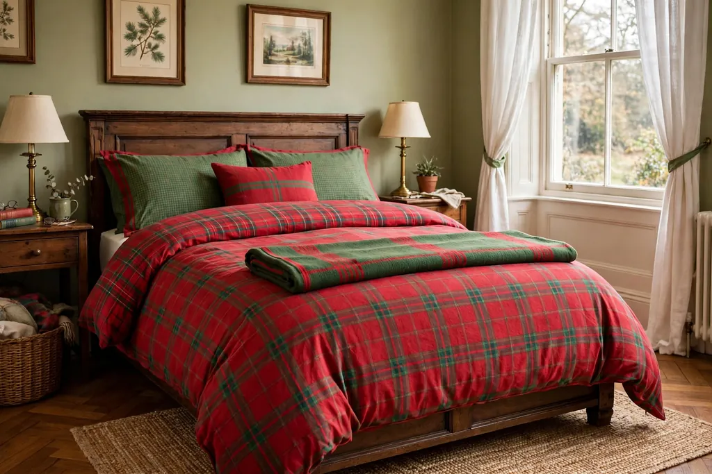 Bedroom with classic red and green bedding and a folded throw at the foot of the bed.