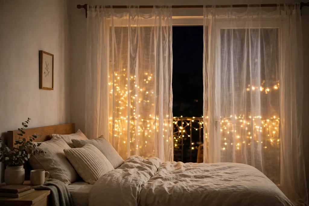 Bedroom window with warm fairy lights glowing behind sheer curtains at night.