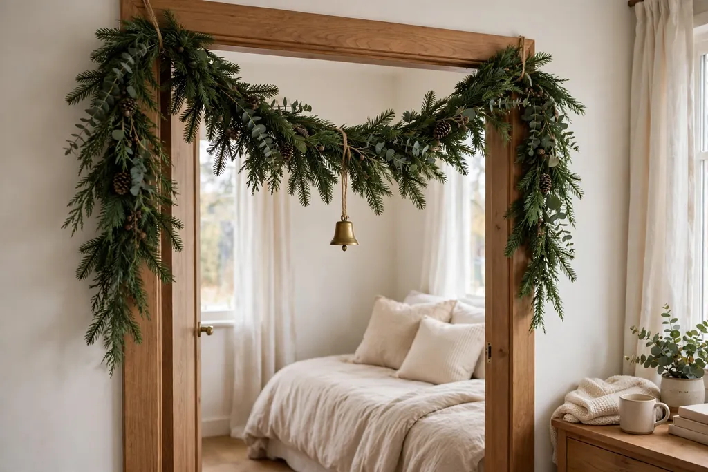 Evergreen garland with a small bell hung across a bedroom doorway.