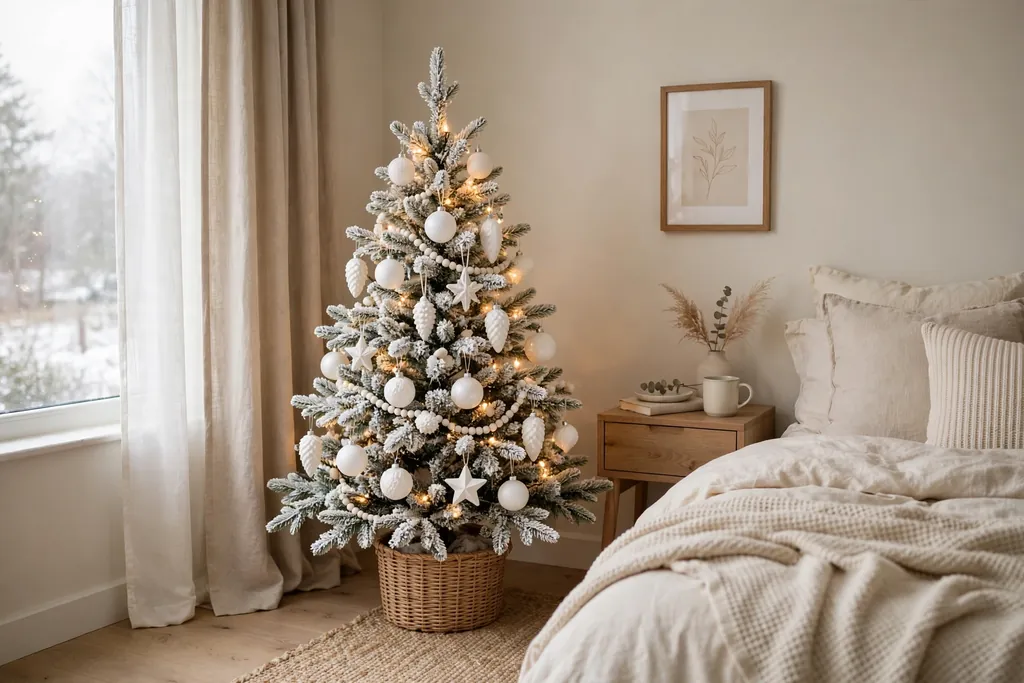 Small flocked Christmas tree with white ornaments in a bedroom corner.