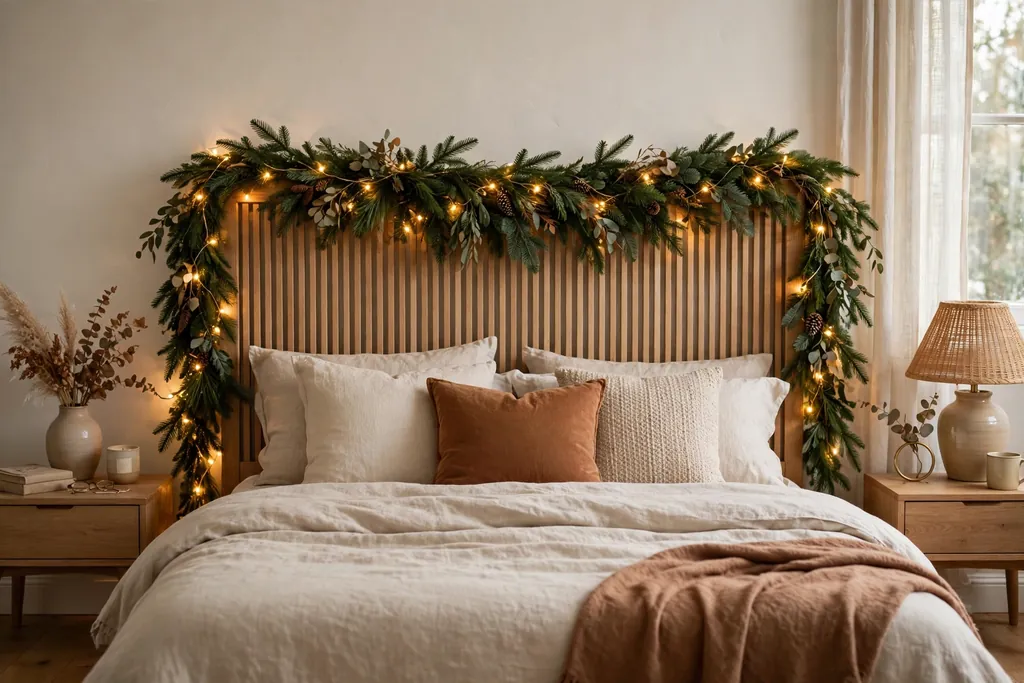 Bedroom headboard draped with an evergreen garland and warm fairy lights.