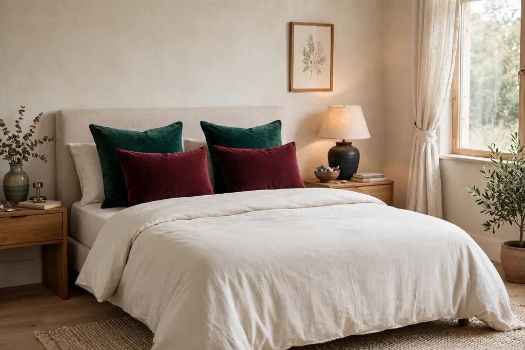 Bedroom with plain bedding and velvet cushions in emerald and burgundy.