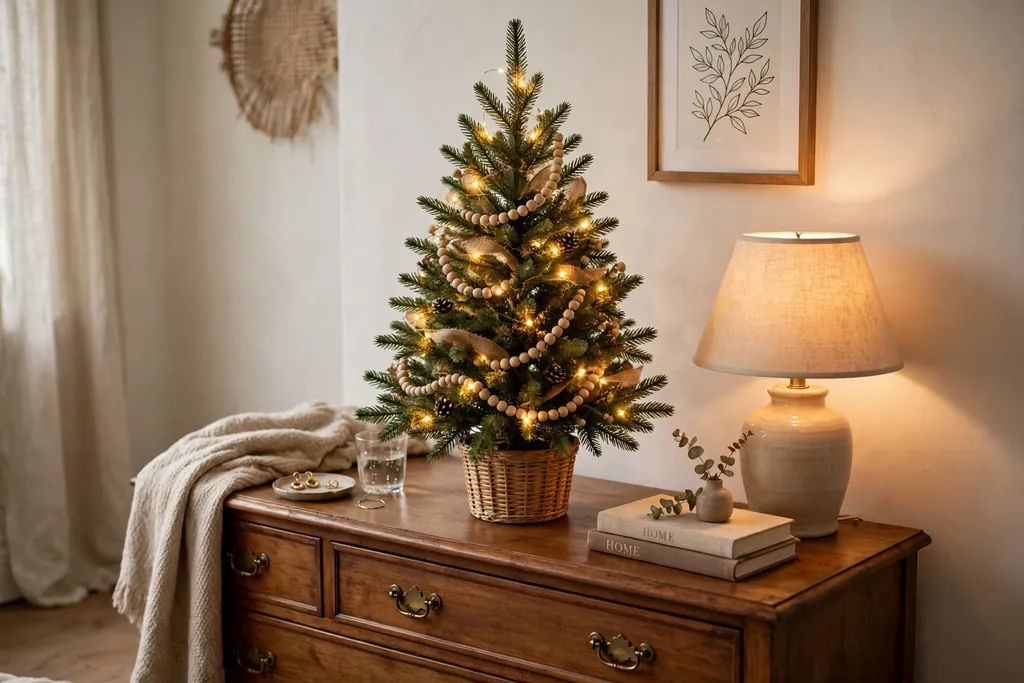 Small Christmas tree with lights on a bedroom dresser beside a lamp.