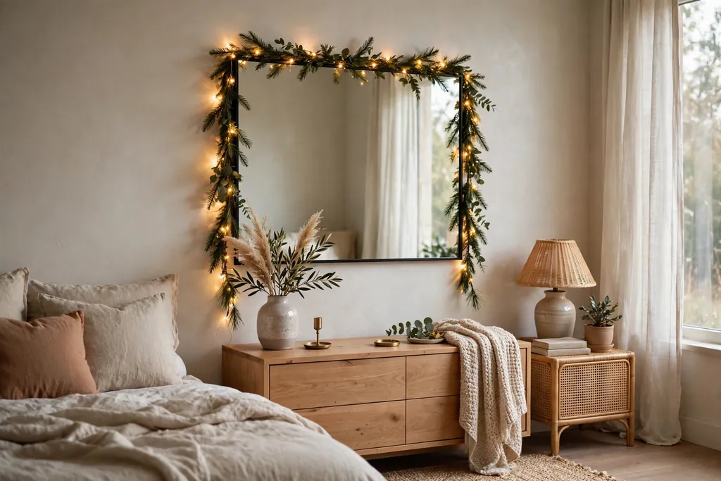 Bedroom mirror framed with a slim evergreen garland and warm lights.