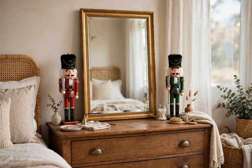 Pair of nutcrackers flanking a mirror on a bedroom dresser.