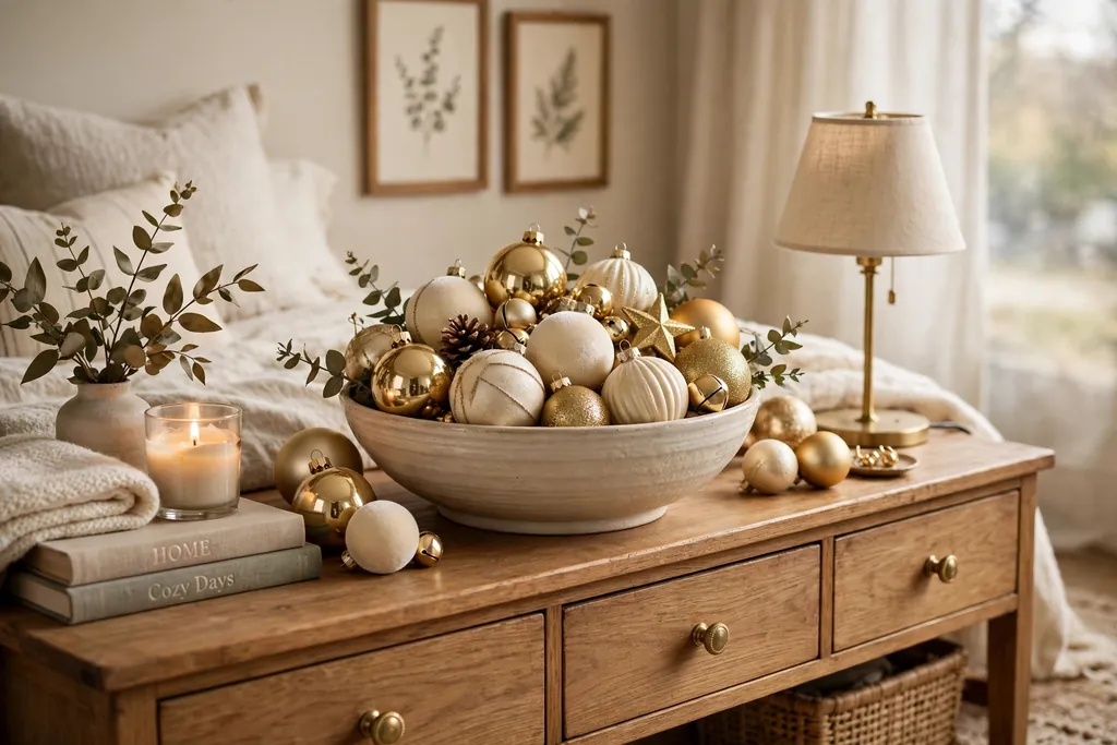Bowl filled with gold and cream Christmas ornaments on a bedroom dresser.