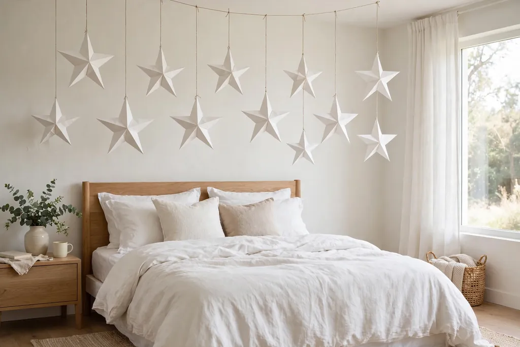 White paper stars hung above a bed in a light bedroom.