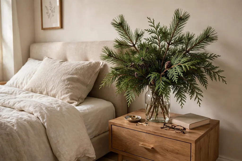 Pine and cedar branches in a vase on a bedroom nightstand.