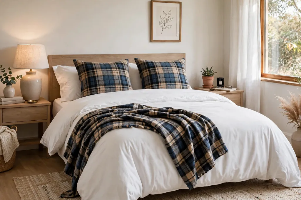 Bedroom with plain white bedding, a plaid throw, and plaid cushions.