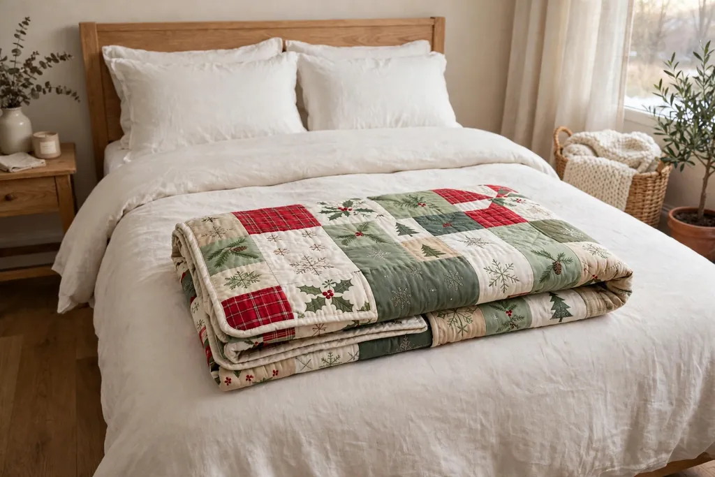 Christmas quilt folded across the foot of a bed with plain bedding.