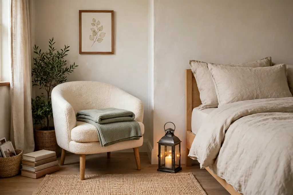 Bedroom corner reading nook with a chair, a folded throw, and a lantern.