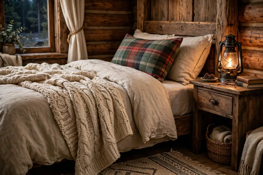 Rustic cabin bedroom with a knit throw, plaid cushion, and a lantern.