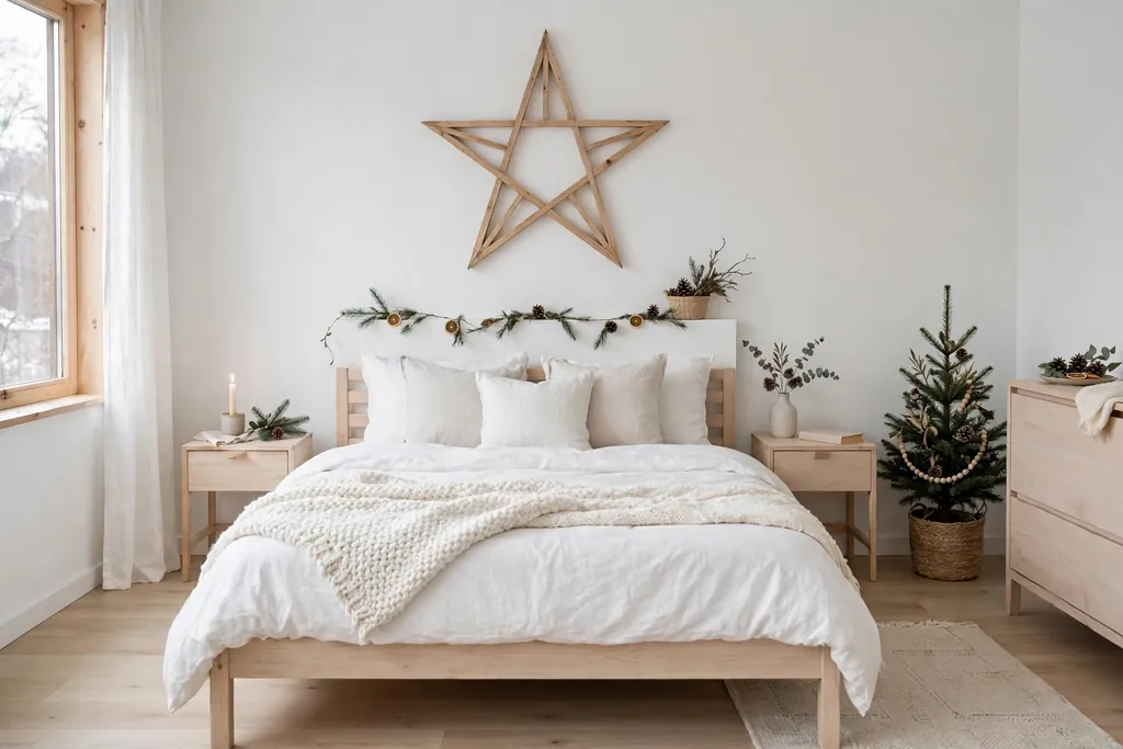 Minimal white Christmas bedroom with pale wood and a wooden star above the bed.