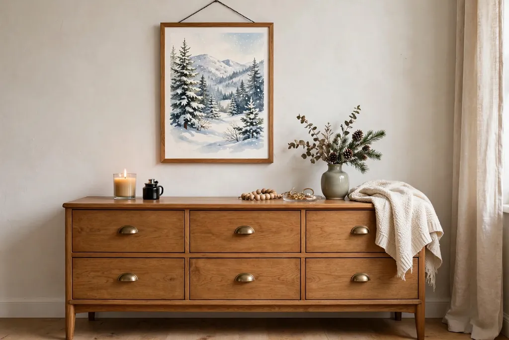 Bedroom dresser with a framed seasonal winter print above it.