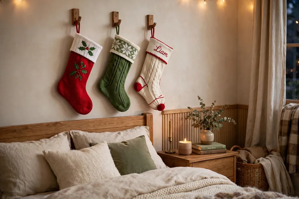 Christmas stockings hung from wall hooks beside a bed in a bedroom.