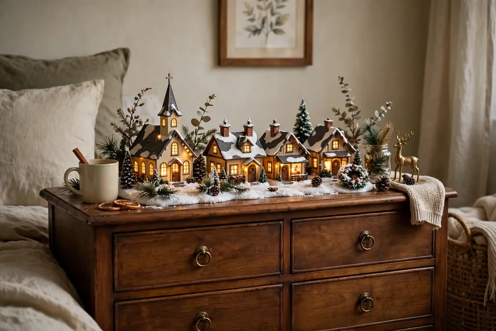 Small Christmas village with lit houses on a bedroom dresser.