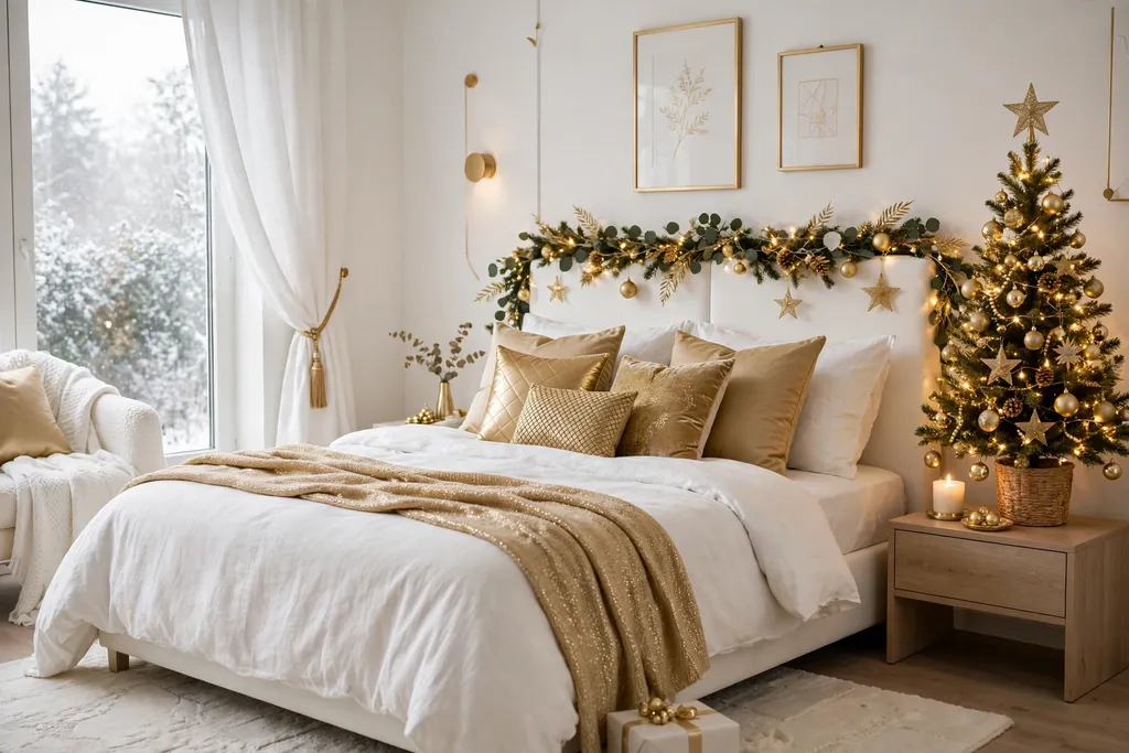 White and gold Christmas bedroom with gold cushions and a small gold tree.