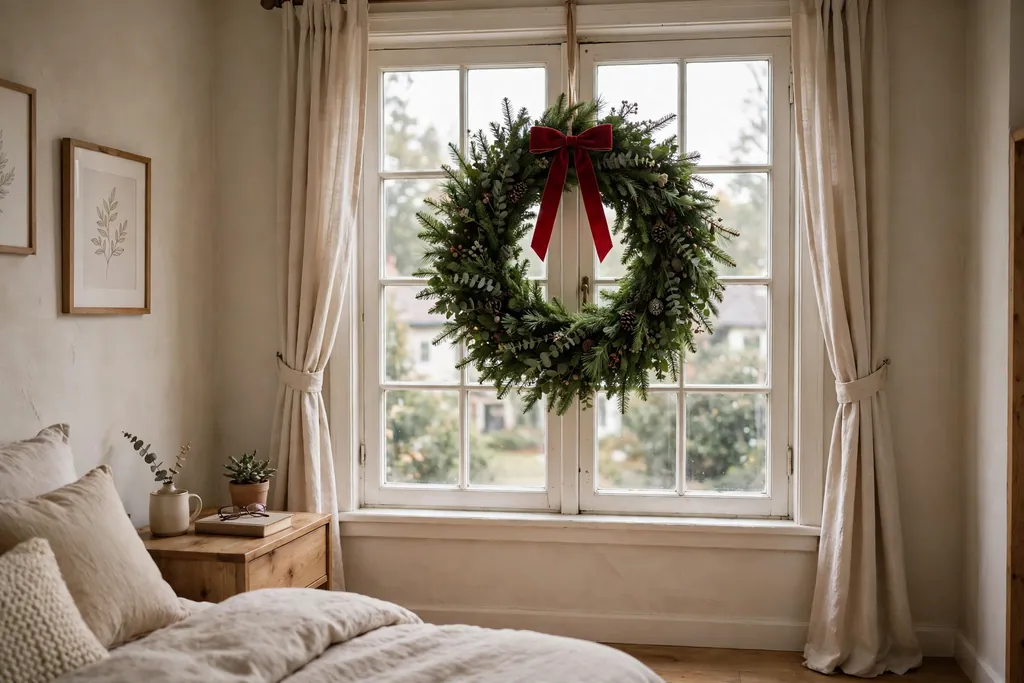 Evergreen wreath with a bow hung on a bedroom window.