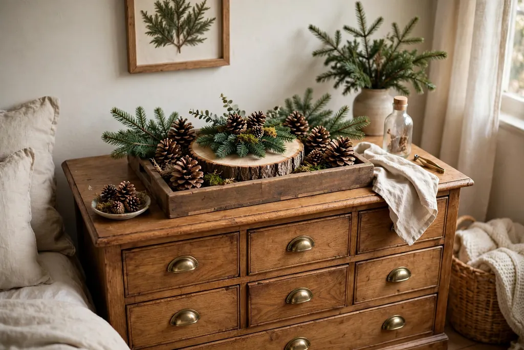 Woodland tray with pinecones, a wood slice, and evergreen on a dresser.