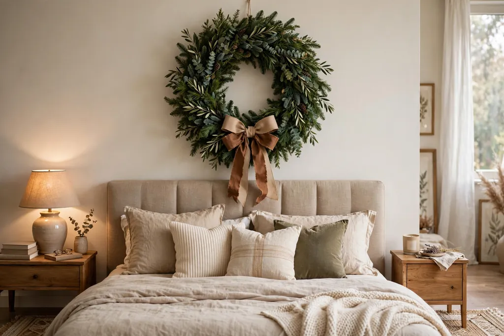 Large evergreen wreath with a bow hung above a bed headboard.